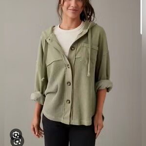 American Eagle Big Hug Hooded Shacket in Olive Green Mixed Modal Waffle Knit